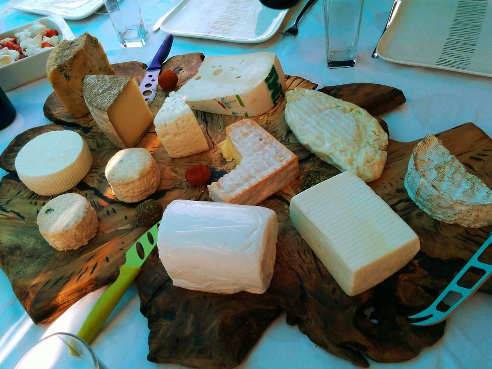 מגש עשוי עץ זית ועליו גבינות מסוגים שונים. צילום עדי ברטשניידר 