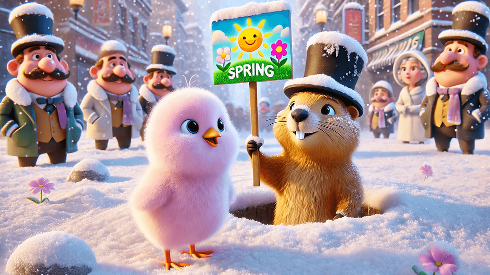 אפרוח ורוד בשלג ליד מרמיטה שיוצאת מתוך בור בשלג עם כובע צילינדר ודלט 'אביב', מסביב אנשים עומדים ומסתכלים