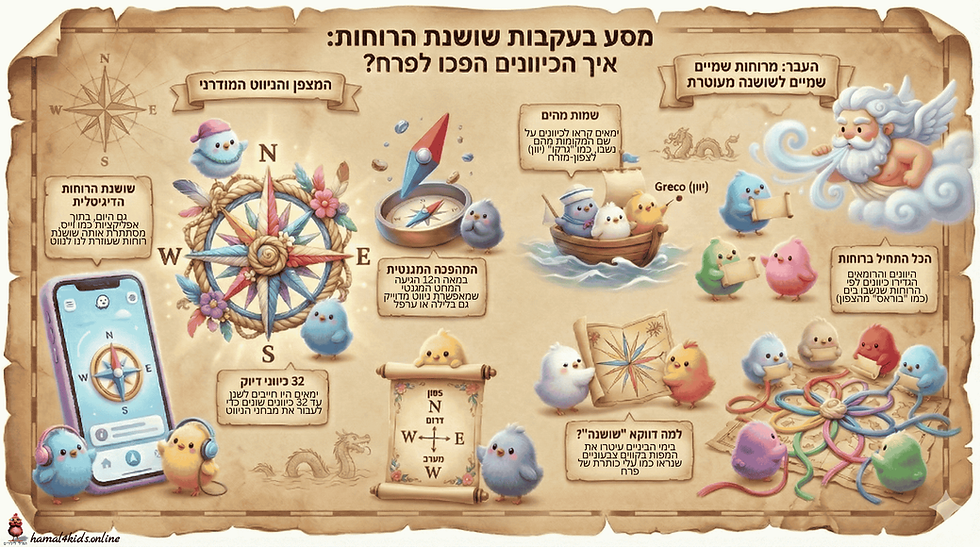 אינפוגרפיקה חינוכית מאוירת בסגנון מפה עתיקה תחת הכותרת 'מסע בעקבות שושנת הרוחות'. התמונה מציגה את התפתחות הניווט באמצעות איורים של ציפורים צבעוניות, דמות מיתולוגית של אל הרוח, ספינות, מצפנים עתיקים, וטלפון חכם המציג ניווט דיגיטלי, עם אפרוחים מתוקים וצבעוניים בתור דמויות, בליווי הסברים היסטוריים.