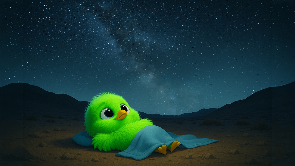 אפרוח ירוק שוכב במדבר על הגב, מכוסה בשמיכה דקה, מתבונן בשמים מעליו שזרועים בכוכבים ובשביל החלב שנראה היטב.