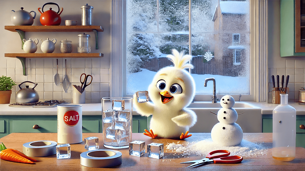 Light chick in his kitchen gold ice cube, on the table are salt, scissors, duck tape, carrot, snow man