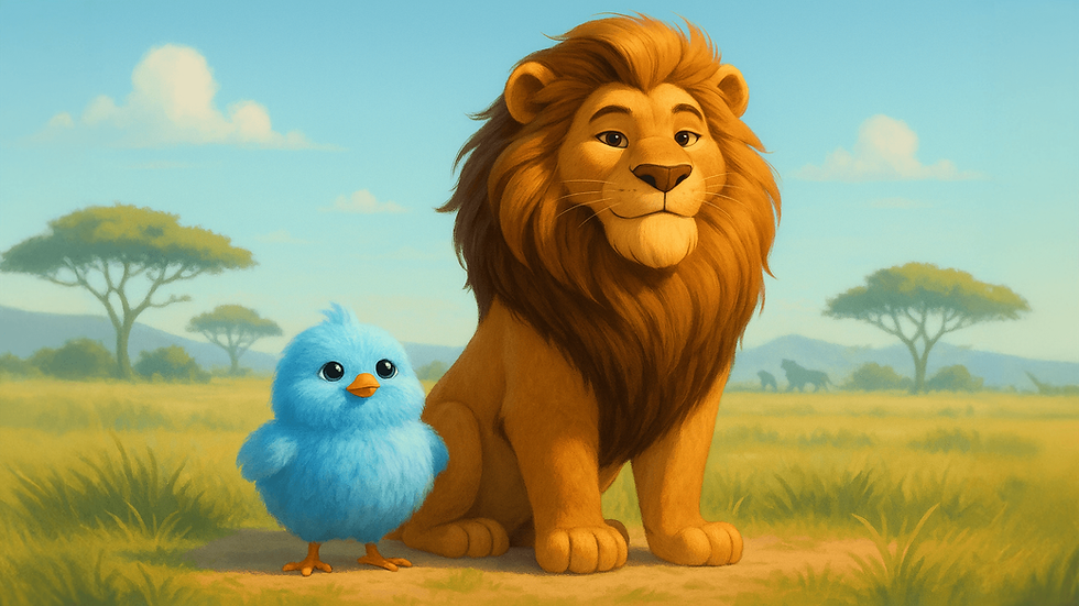 אפרוח תכלת לצד אריה מלאכותי עם רעמה מרשימה , בסוואנה באפריקה 