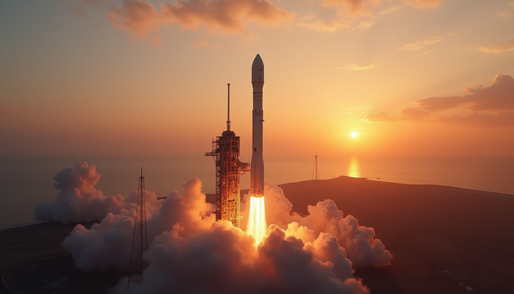 Aerial view of SpaceX's Falcon 9 rocket on launch pad