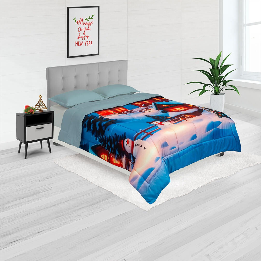 Cubrelecho Navideño Doble Faz Muñecos De Navidad Solo Fondo Azul Pastel