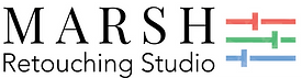 Marsh Retouching Studio logo featuring stylized RGB color bars in a modern artistic layout