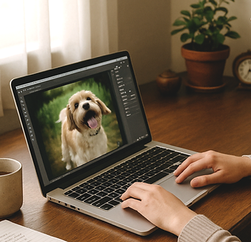 Photo of a laptop on a wooden desk with a designer editing a dog image using photo editing software