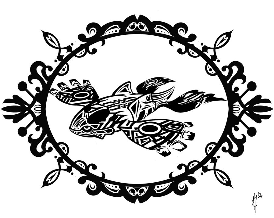 Black and white tribal-inspired illustration of a sea whale Pokemon Kyogre with geometric patterns, framed by an ornate circular design, blending natural and geometric elements.