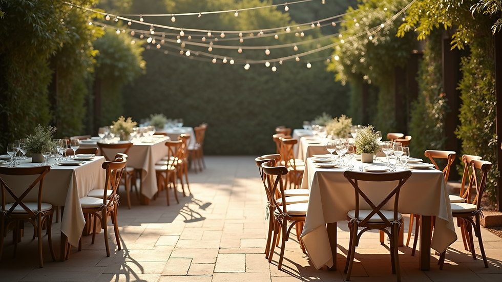Eye-level view of neatly arranged tables and chairs for an outdoor celebration