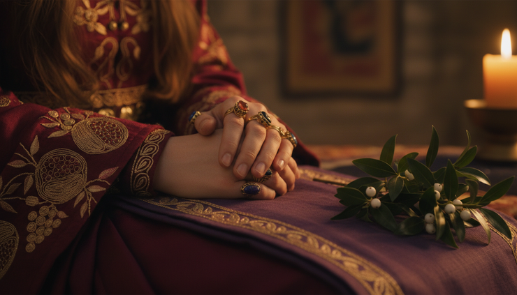 Close-up of a young queen’s hands resting near a folded royal garment.