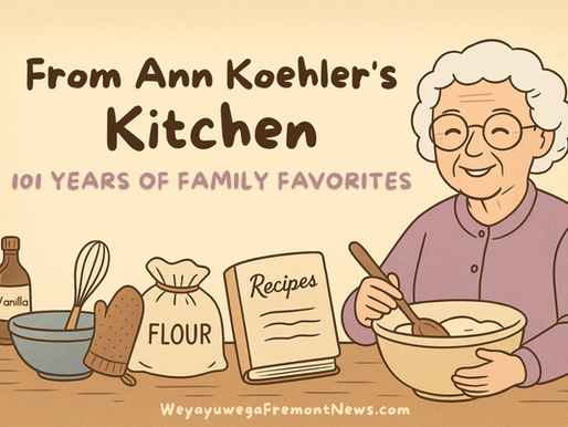 Elderly woman mixing batter with a spoon. "From Ann Koehler's Kitchen: 101 Years of Family Favorites" text above. Baking items on table.