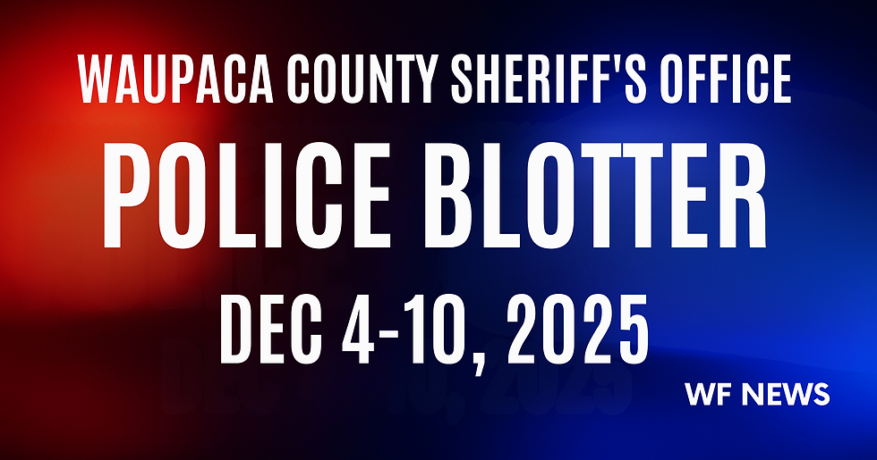 Waupaca County Sheriff's Office Police Blotter image with bold white text on red and blue gradient background. Dates: Dec 4-10, 2025.