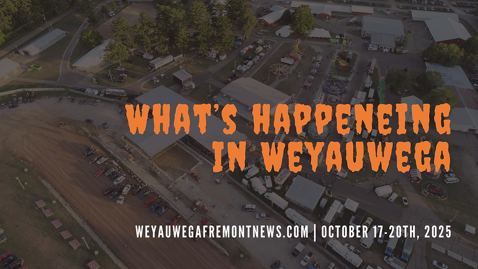 Aerial view of a fairground with rides and parked cars. Bold orange text: "What's Happening in Weyauwega." Event date: October 17-20, 2025.