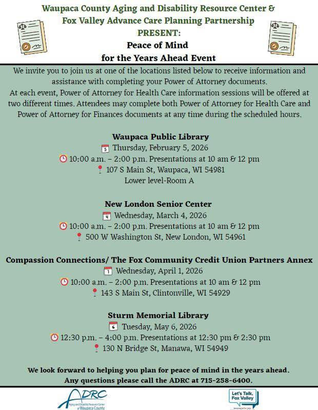 Waupaca County event flyer details dates and locations for Power of Attorney help in February to May 2026. Contact ADRC for info.