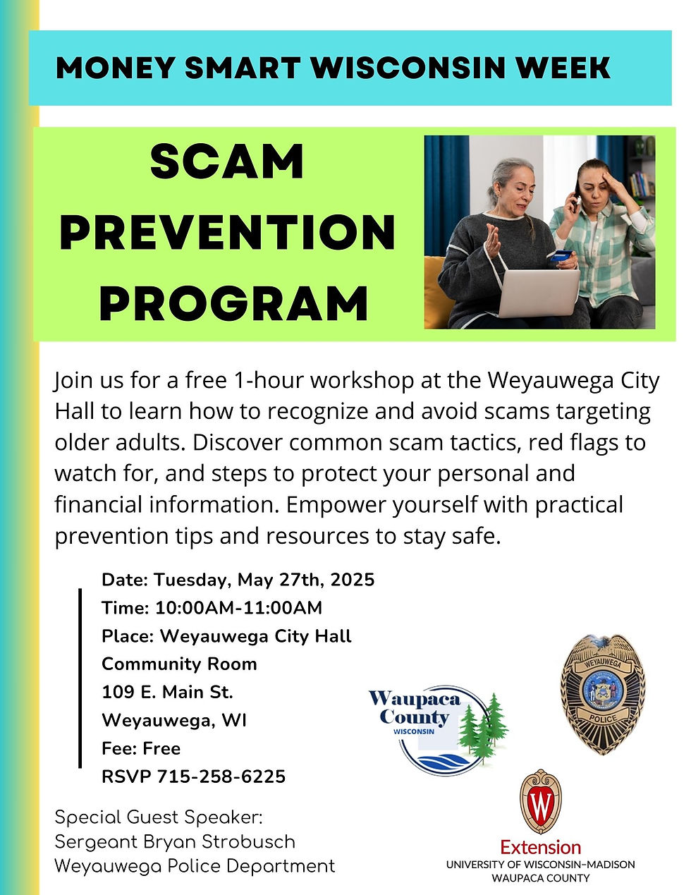 Infographic for a Scam Prevention Workshop in Weyauwega, WI. Features event info, logos, and an image of two concerned individuals with a laptop.
