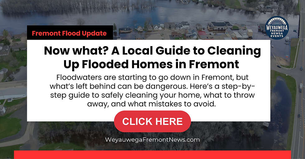 Aerial view of a flooded town with a guide titled "Now what? Cleaning Up Flooded Homes in Fremont." Includes a "CLICK HERE" button.