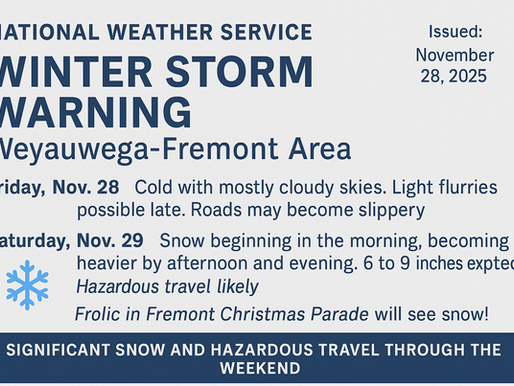 Winter storm warning for Weyauwega-Fremont. Snow 6-9" expected, hazardous travel likely. Issued Nov 28, 2025. Significant snow alert.