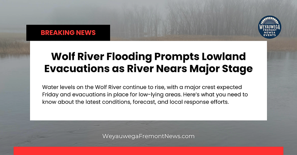 Breaking news alert about Wolf River flooding. Rising waters prompt lowland evacuations; major crest expected. Misty riverbank backdrop.