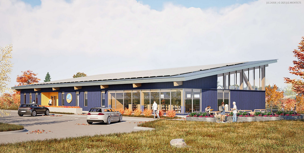 Modern blue neuschafer library renderings for the village of fremont with solar panels, people in front. Cars parked nearby. Autumn trees in vibrant orange and red surround the area.