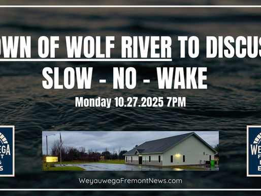 Town of Wolf River meeting on "Slow-No-Wake" rules, Monday 10.27.2025 at 7 PM. Background shows water and building image.
