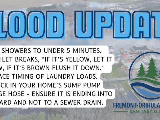 Flood update notice with guidelines: limit showers, toilet advice, space laundry, check sump pump discharge. Background shows flooded area.