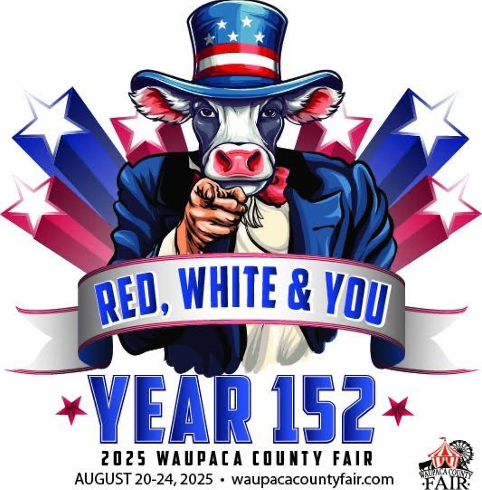 Patriotic cow in Uncle Sam outfit points forward. Red, white, blue stars background. Text: "Red, White & You, Year 152, 2025 Waupaca County Fair."