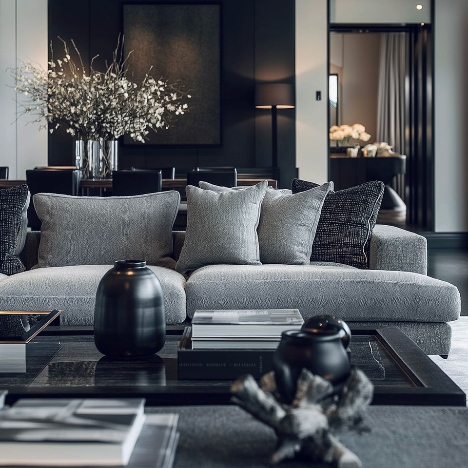 Contemporary living room designed by leading interior design in Surrey with cosy, sophisticated, moody and luxurious plush seating.