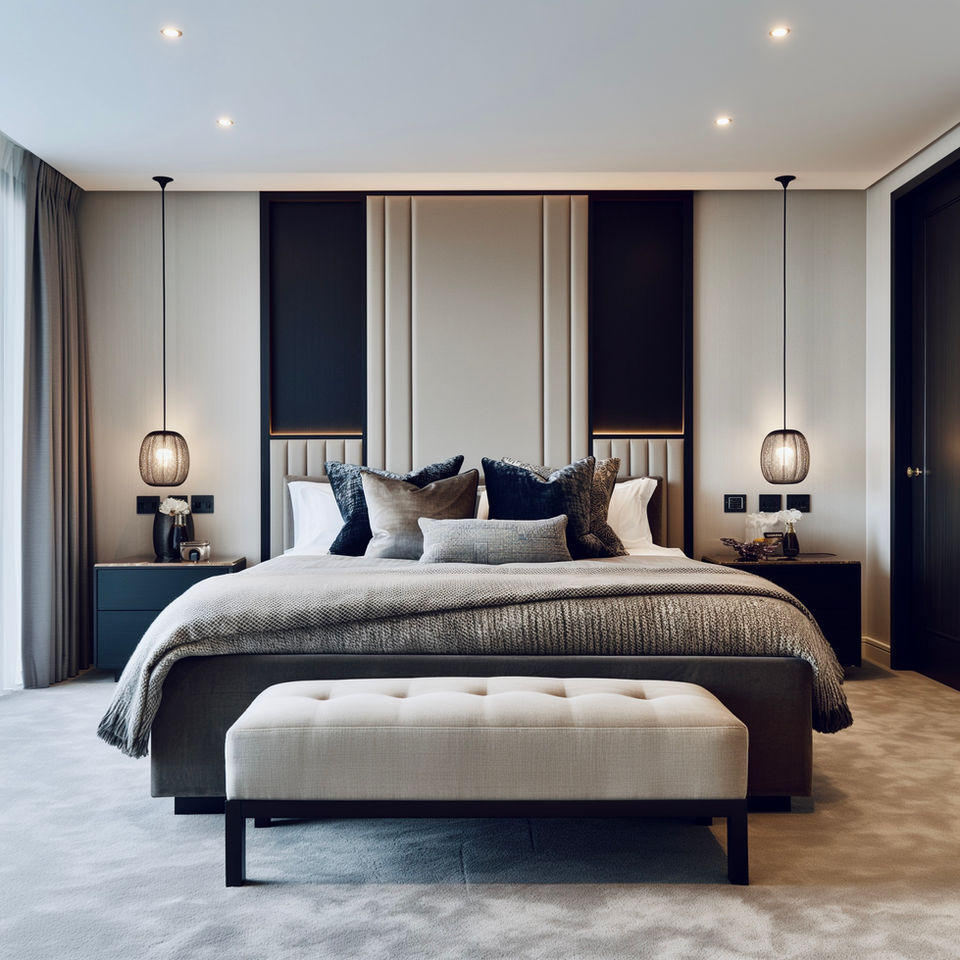 Luxury bedroom designed by a leading interior designer in Jersey that's cosy, sophisticated, moody, luxurious and formal in one.