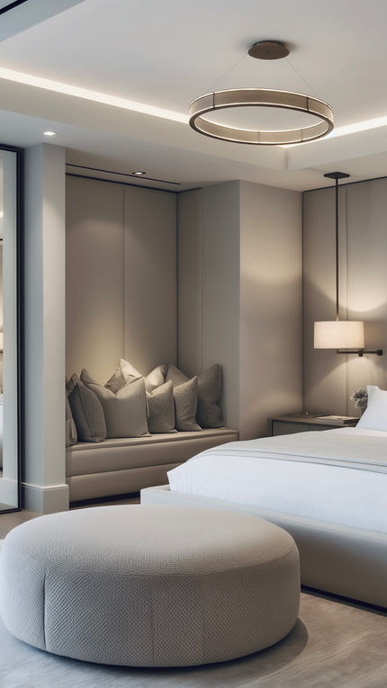 An understated Jersey home. Luxury bedroom designed by a leading interior designer in Jersey that's cosy, sophisticated, moody, luxurious and informal in one.