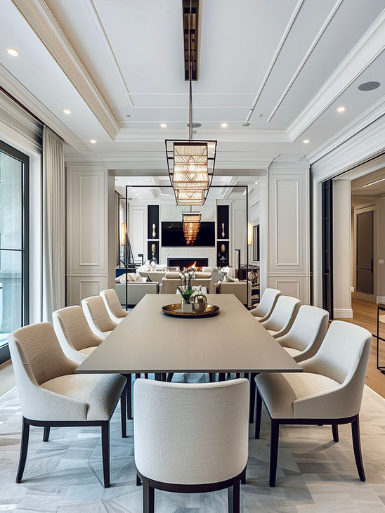 A luxury dining room designed by a leading interior designer in Surrey that's cosy, sophisticated, moody, luxurious and formal in one.