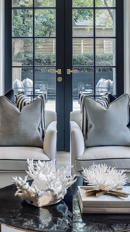 Classic living room with comfortable modern luxury furniture and ornate wall panels, designed by Jersey interior designers, Jessica Lightbody