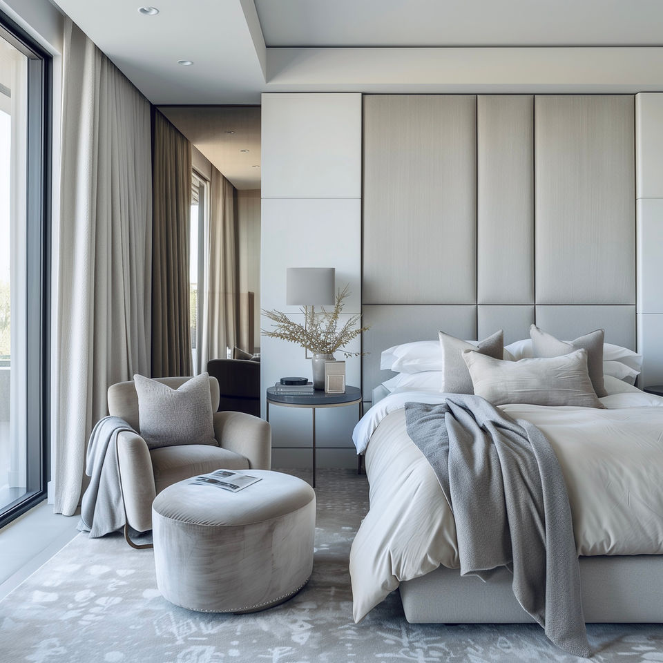An understated yet luxury bedroom designed by a leading interior designer in Jersey that's cosy, sophisticated, moody, luxurious and informal in one.
