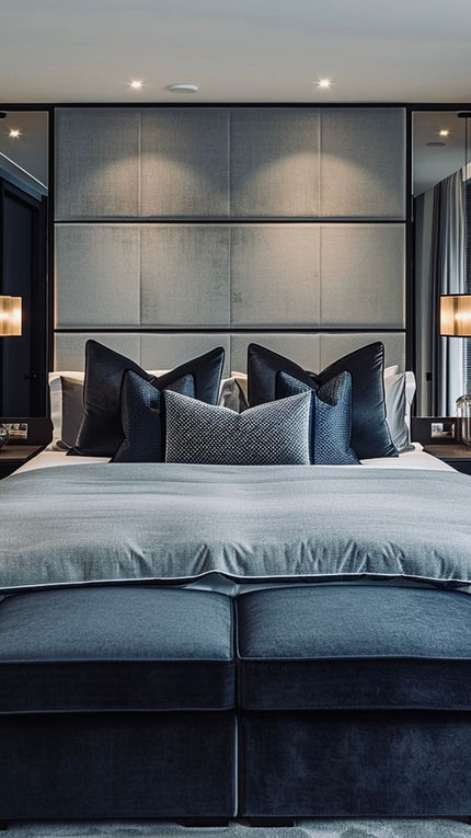 Contemporary bedroom designed by a leading interior designer in Jersey with cosy, sophisticated, moody and plush urban style.