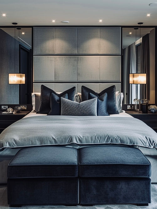 Contemporary bedroom designed by a leading interior designer in Jersey with cosy, sophisticated, moody and plush urban style.