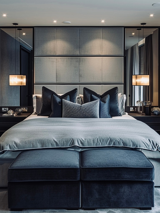 Contemporary bedroom designed by a leading interior designer in UK with cosy, sophisticated, moody and plush urban style.