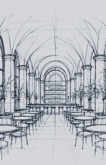 Hand-drawn sketch of Heritage Hotel and Restaurant Interior Design London