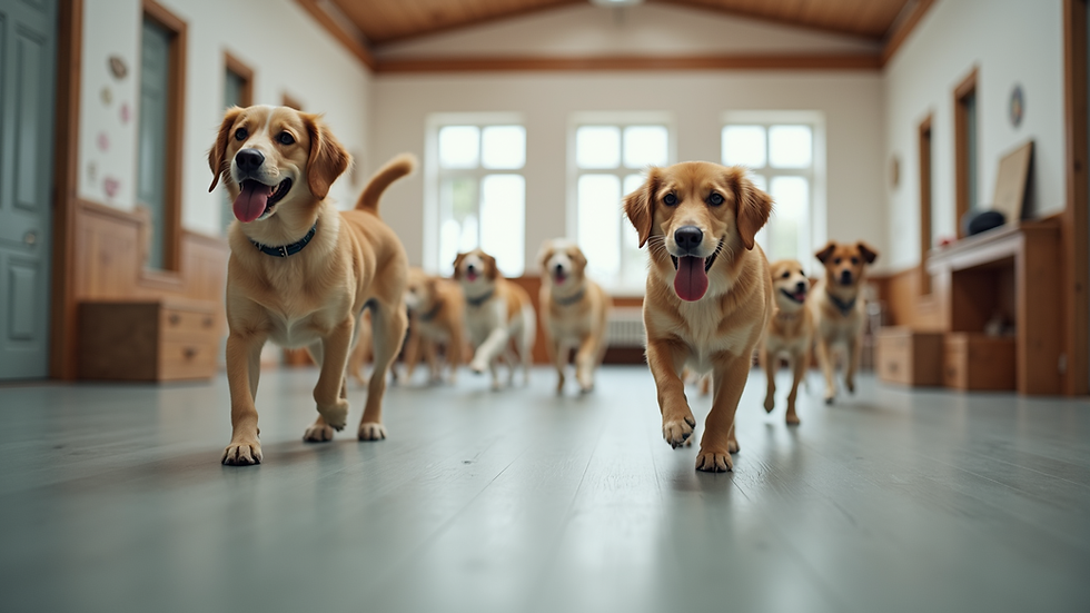 Eye-level view of a spacious indoor dog play area with happy dogs