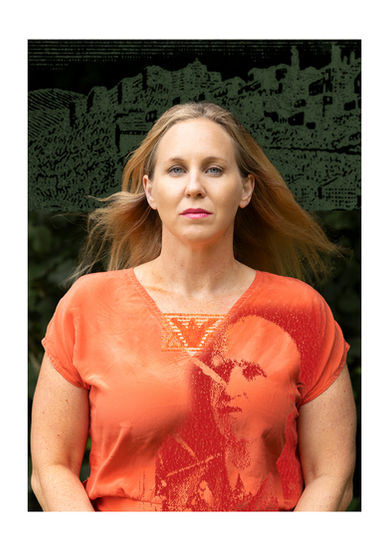 Photo of a strong woman Eva Buzo with elements of Albanian postage stamps incorporated into the image