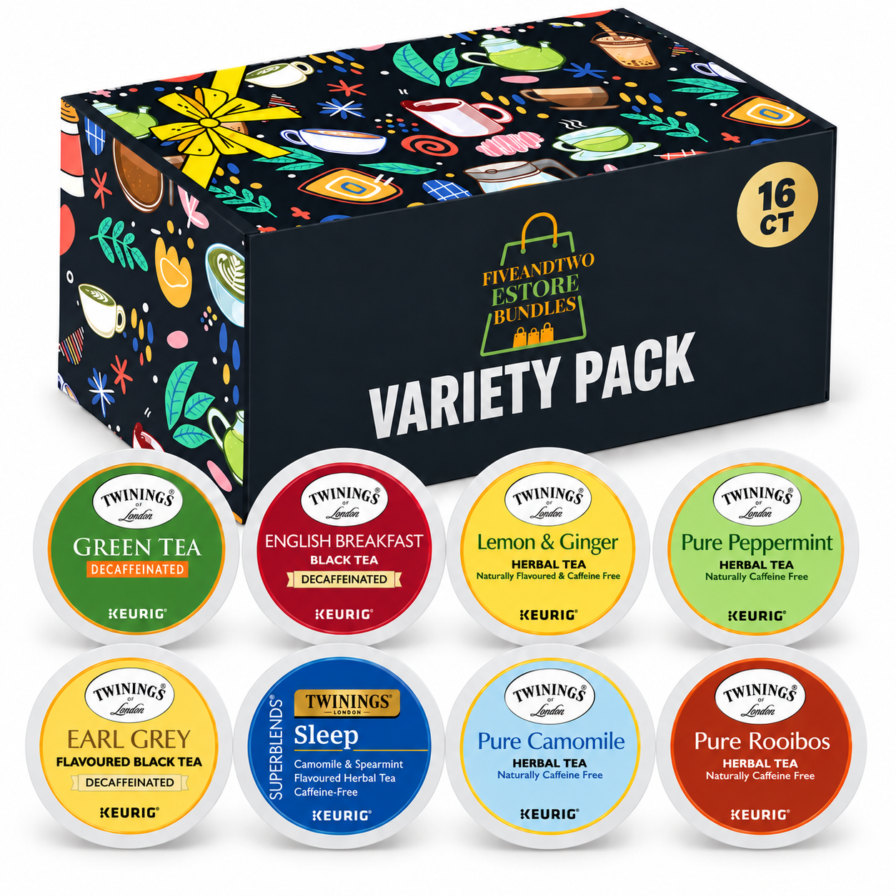 Twinings Herbal & Decaf Tea K-Cup Variety Pack, 16 Ct, 8 Flavors, 2 Each, in Box