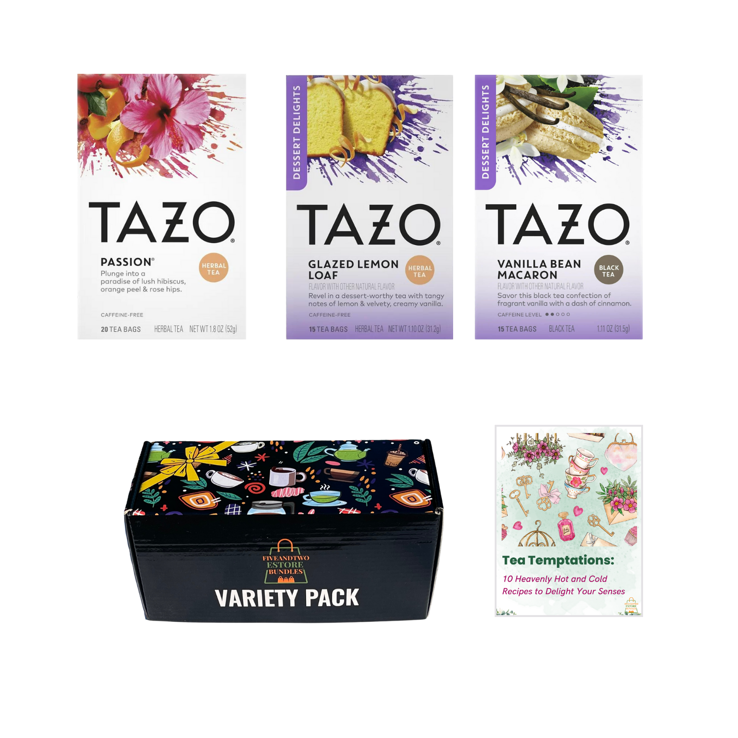 Tazo Tea Variety Set: Passion, Glazed Lemon Loaf, Vanilla Bean Macaron -50pcs