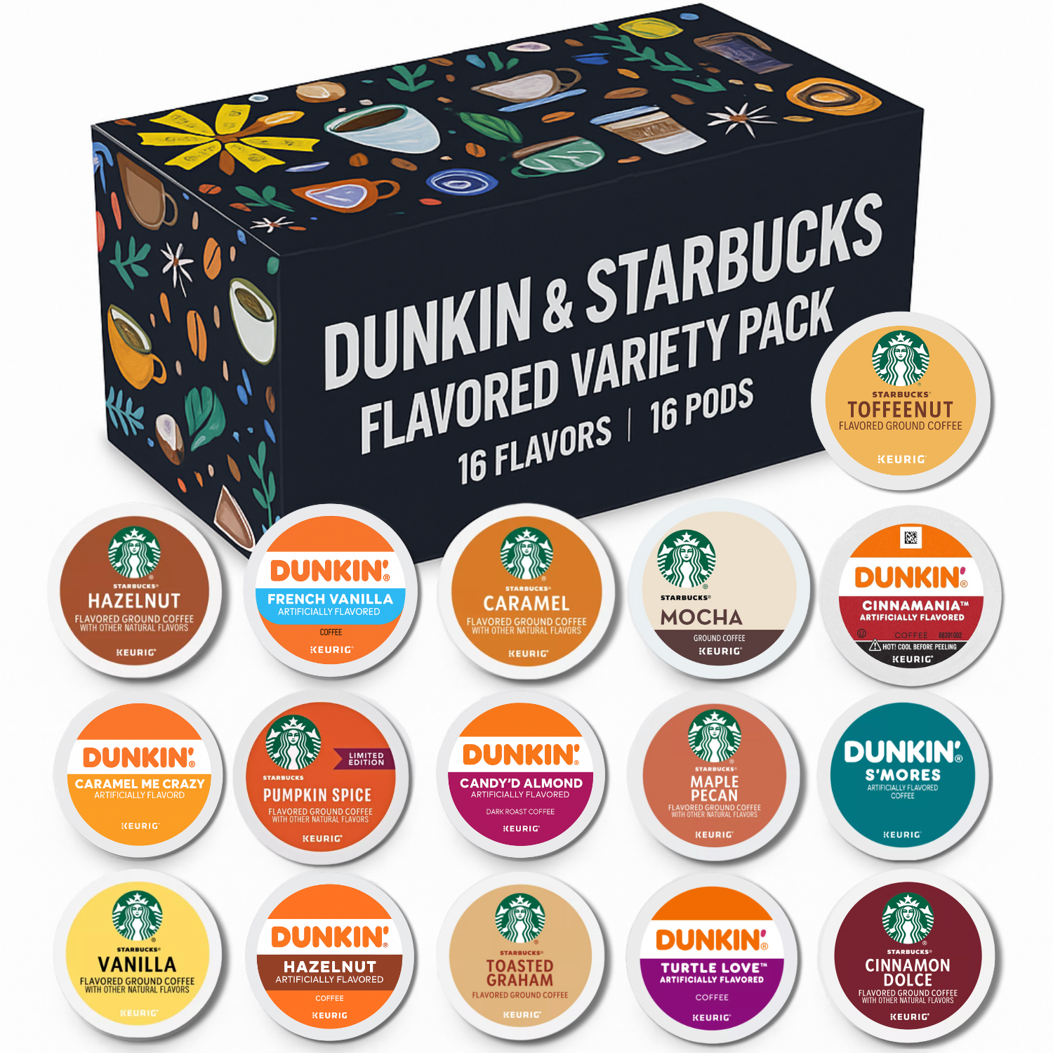 Starbucks & Dunkin Flavored Coffee Pods Variety Pack – 16 Flavors, 16 K-Cup Pods