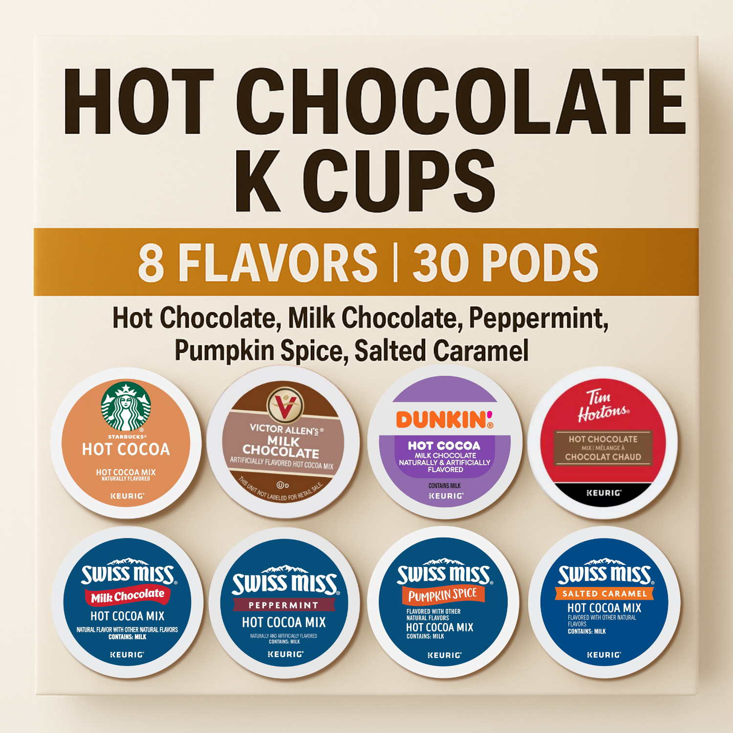 Hot Chocolate K Cups Variety Pack, 30 Pods, 8 Flavors – Hot Cocoa Sampler Gift