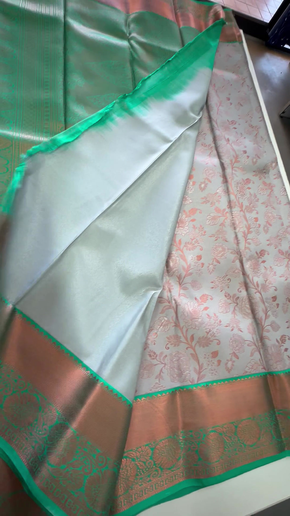 Thumbnail: Stunning Silver Soft Silk Saree with Mint Green Border