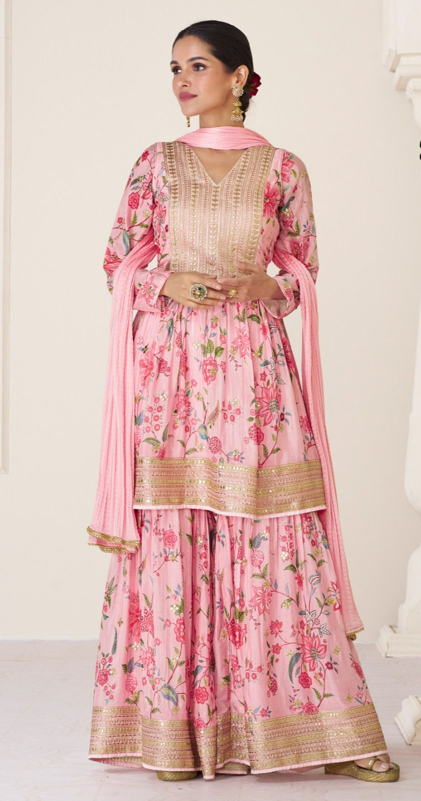 Pink & Gold Organza Party Sharara: Roseate Glamour