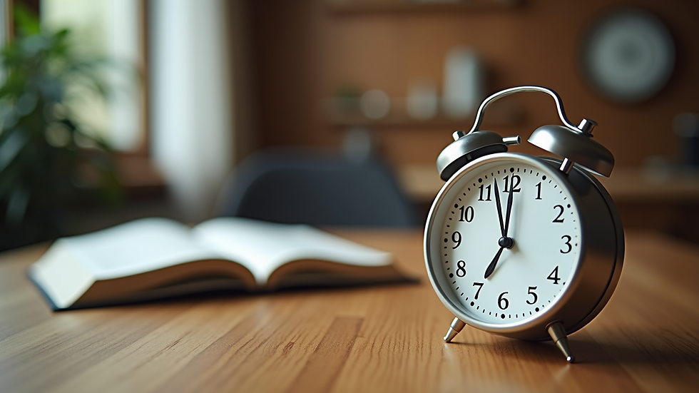 Eye-level view of a clock on a wooden table