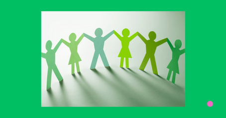 Image of six green paper cut out people with their hands above their heads, holding hands.