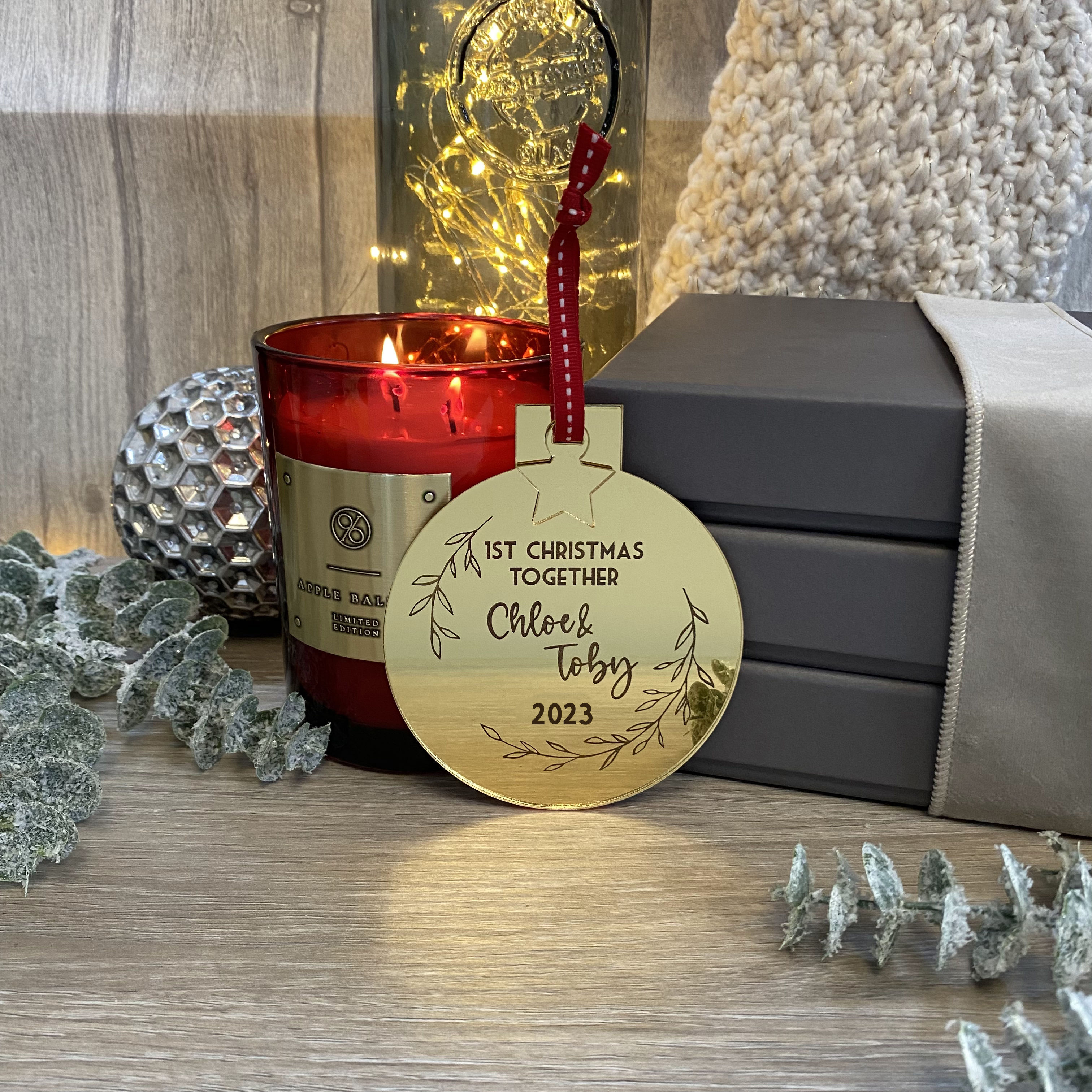 Personalised Gold Mirror Round Christmas Decoration 2023