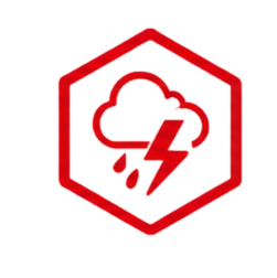 Red hexagonal icon of a cloud with rain and lightning bolt.