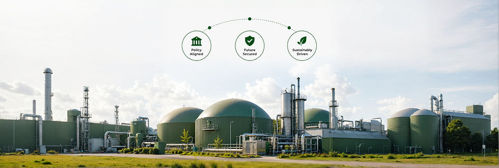 Industrial facility with icons for integrity, security, and sustainability