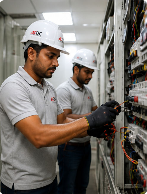 Two technicians in hard hats working on electrical panel