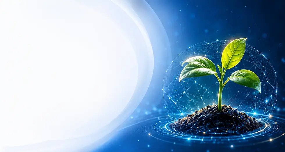 Small green sprout growing in soil with digital network.
